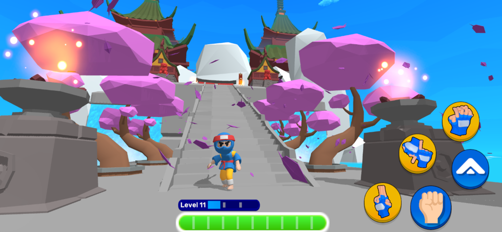 Ninja World Adventure - A ninja character standing on a path in a colorful village with cherry blossom trees and Japanese temples in the Ninja World Adventure mobile game.