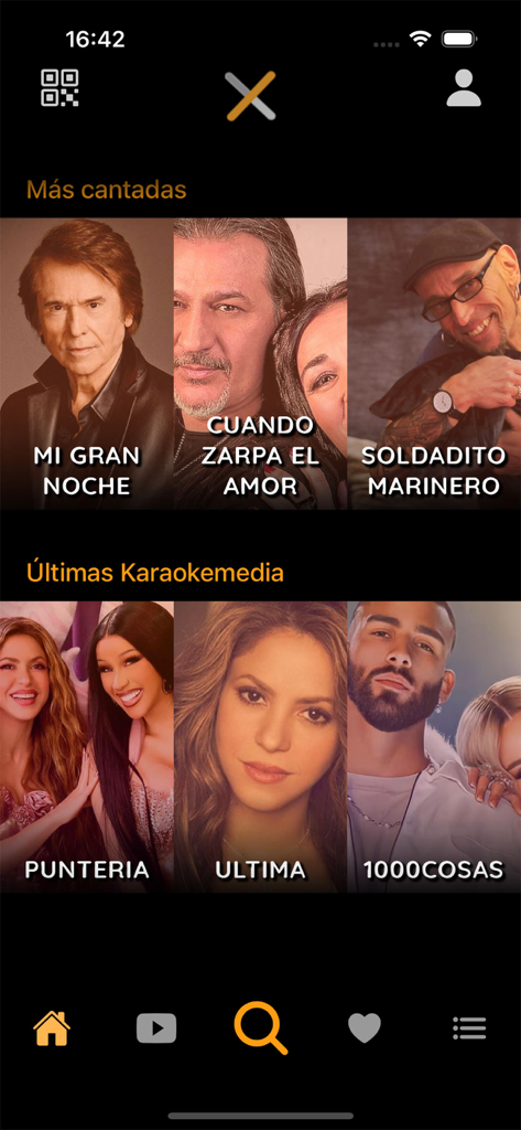Listados KaraokeMedia ProX - Mobile app interface of Listados KaraokeMedia ProX showing a catalog of popular and recent songs with artist photos.