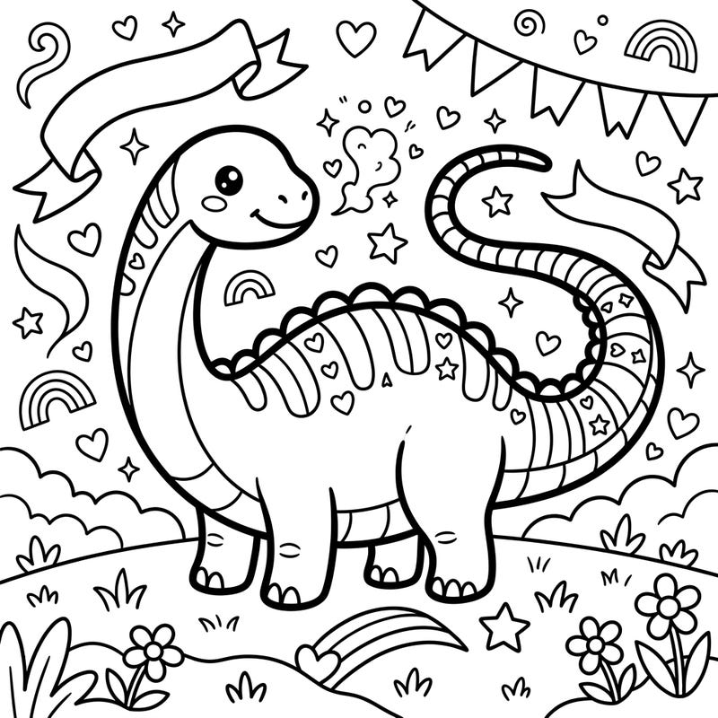 Dive into a world of cuteness and celebration with this Kawaii Diplodocus coloring page, perfect for Pride Month. This charming dinosaur is ready to be brought to life with your most vibrant rainbow colors and creative flair.