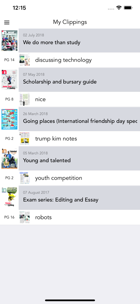 The Straits Times IN - The My Clippings screen in The Straits Times IN app showing a list of saved articles for educational research