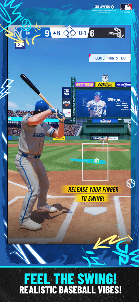 MLB Clutch Hit Baseball 26 - Mobile baseball game screen showing a player at bat with realistic 3D graphics