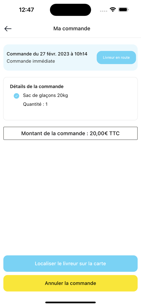 Happy Glaçons - Happy Glacons app screen showing order details for a 20kg bag of ice and a button to track the delivery driver on a map.