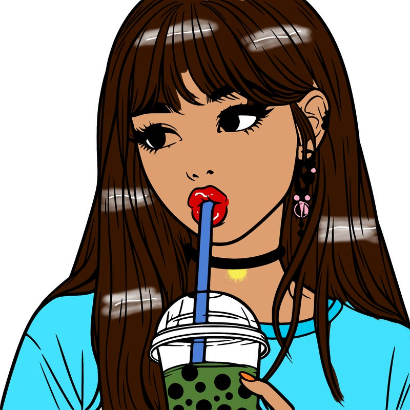 aesthetic realistic girl drinking boba