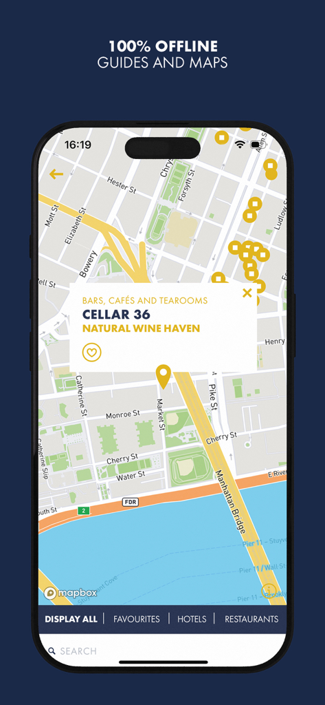 Louis Vuitton City Guide app displaying an offline map of New York City with a curated recommendation for a wine bar