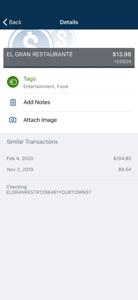 Tinker Federal Credit Union app screen showing transaction details with tagging and note features