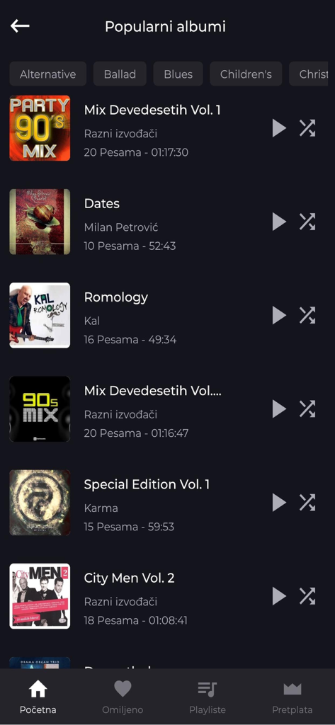 Balkan myusic - Balkan myusicアプリのインターフェース。人気の地域アルバムと音楽ジャンルのリストが表示されています。