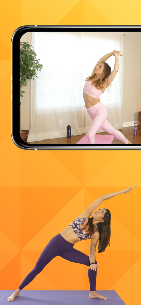 Yoga Plus by Psychetruth - Two women demonstrating different yoga poses on a mobile app interface with an orange background