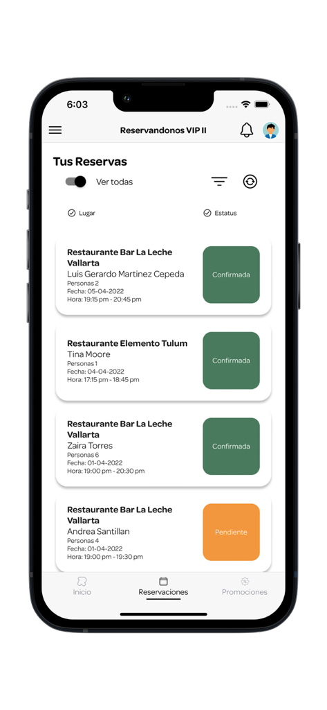 Reservándonos Partners - Mobile app screen showing various restaurant and bar reservations with confirmed and pending statuses.