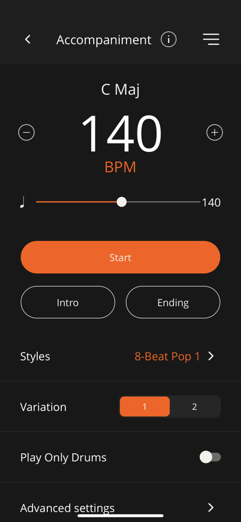 The accompaniment screen of the Roland Piano App displaying tempo controls at 140 BPM style selection and drum variations.