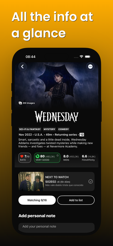 Sofa Timeアプリのインターフェース。テレビ番組「Wednesday」の詳細情報、評価、エピソードの進捗状況が表示されています。