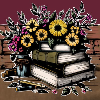 rustic books and flowers realistic