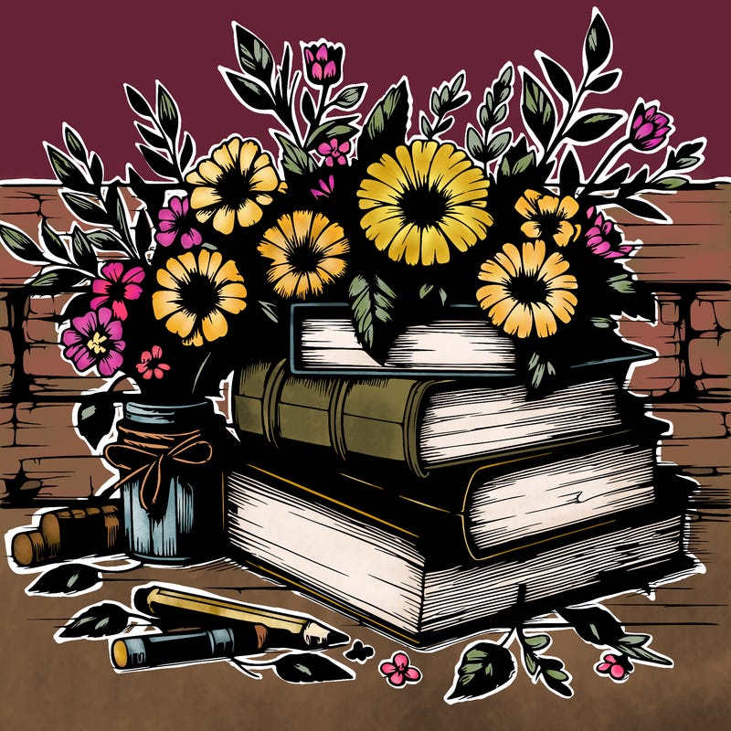 rustic books and flowers realistic