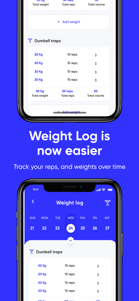 iTrainer app interface showing the weight log feature for tracking exercise repetitions and weights over time