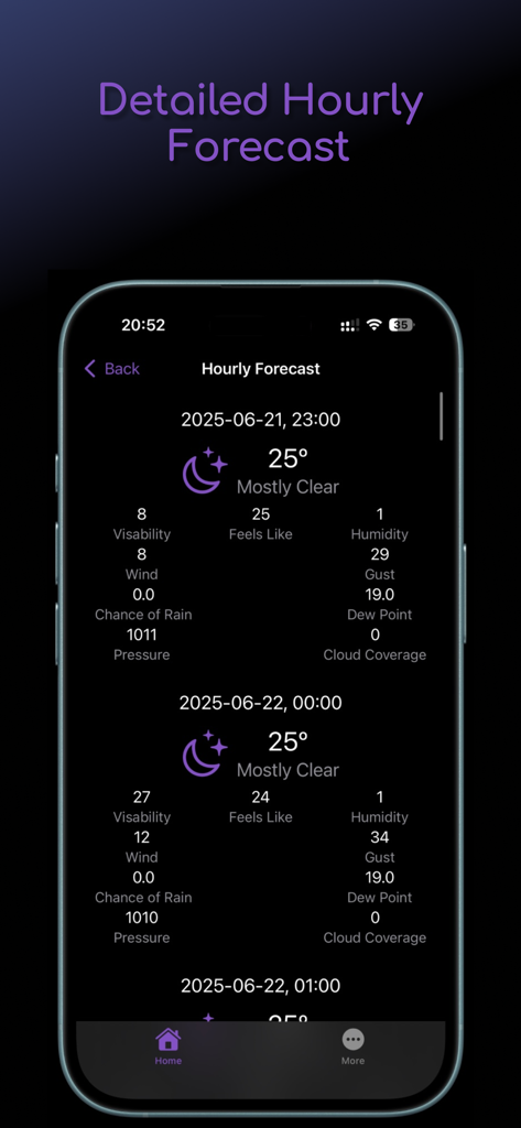 imWeather - Forecast Alert - Capture d'écran de l'application imWeather montrant des prévisions météo horaires détaillées avec des données de température, de vitesse du vent et d'humidité.