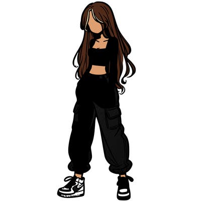 girl in baggy pants crop top and long hair