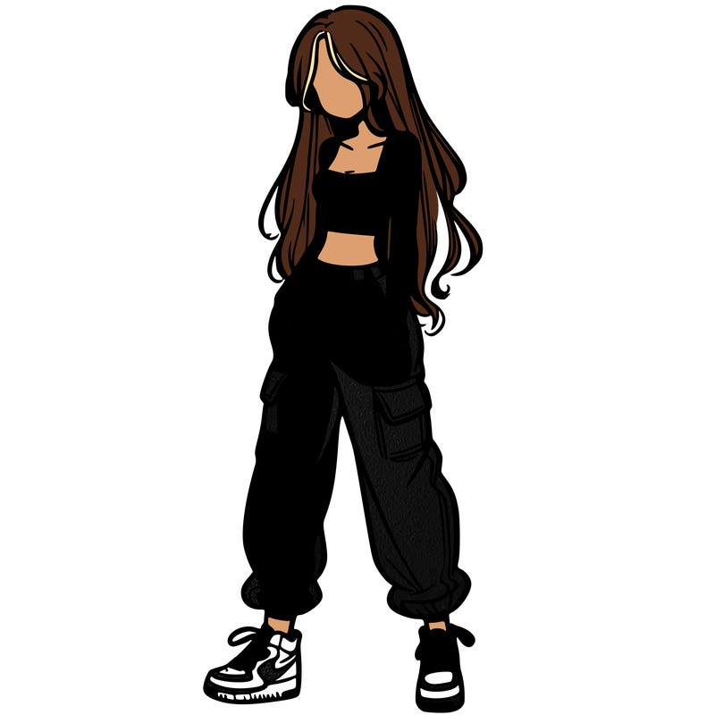 girl in baggy pants crop top and long hair