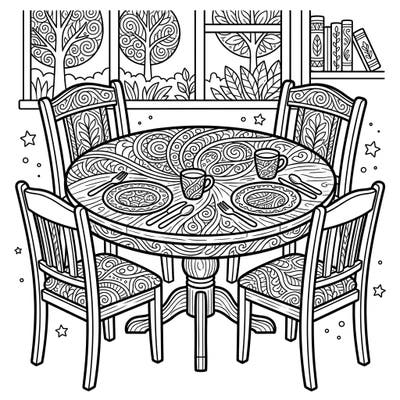 Discover a unique coloring experience with our Zentangle dining room set, where every piece of furniture is a canvas of intricate patterns. This detailed design invites you to a world of meditative creativity, perfect for unwinding and focusing.