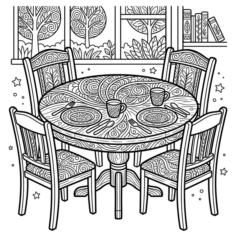 Discover a unique coloring experience with our Zentangle dining room set, where every piece of furniture is a canvas of intricate patterns. This detailed design invites you to a world of meditative creativity, perfect for unwinding and focusing.