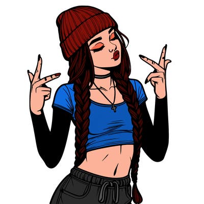 realistic teenage girl with braids and a beanie and crop top doing 🫶🏼