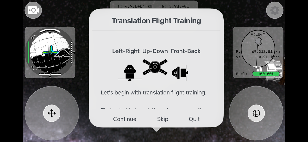 Mission Orion 2 - Pantalla de tutorial de entrenamiento de vuelo de traslación en la aplicación del simulador espacial Mission Orion 2 mostrando controles de movimiento de la nave espacial
