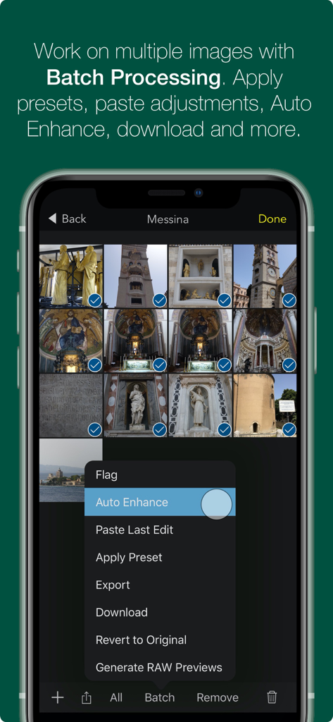 RAW Power - iPhone screen showing RAW Power app batch processing menu for multiple selected photos