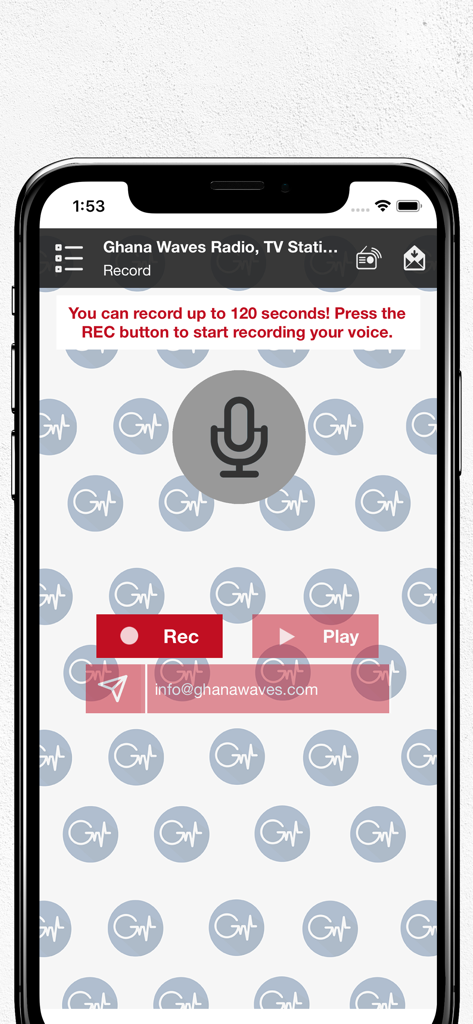 A mobile interface of the Africa Waves Radio app showing the voice recording screen with a large microphone icon and record button