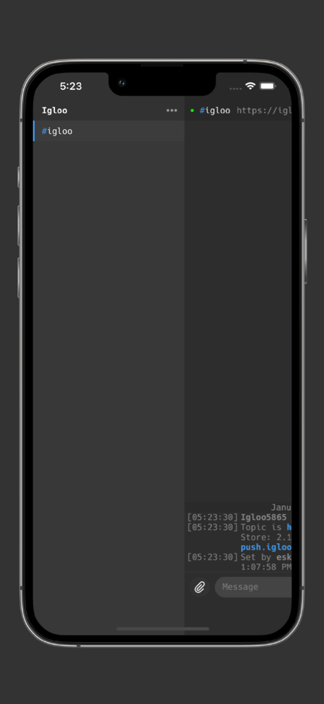 User interface of the Igloo IRC client app in dark mode featuring a chat channel.