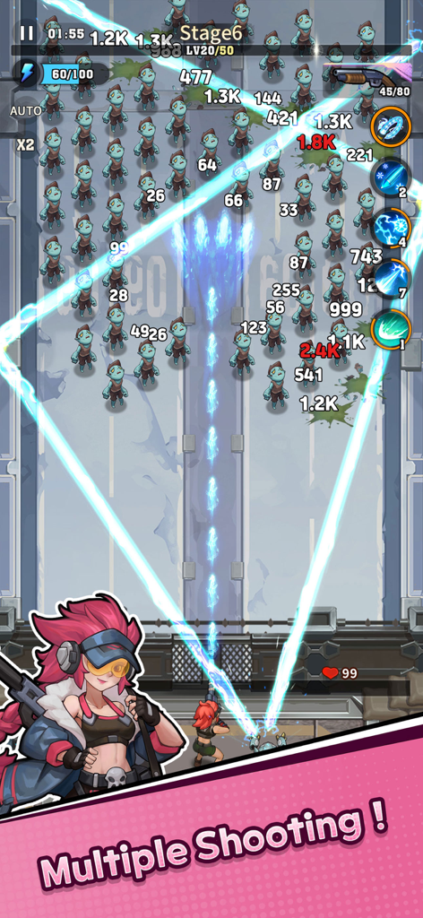 BangBang Survivor - In-game screenshot of BangBang Survivor showing a female character using multiple laser beams to attack a horde of zombies.