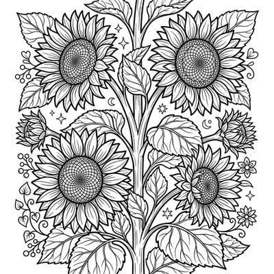Discover the captivating beauty of our multi-headed sunflowers coloring page, featuring an intricate botanical design that fills the entire frame. This detailed illustration offers a rewarding creative challenge for flower lovers and coloring enthusiasts alike.