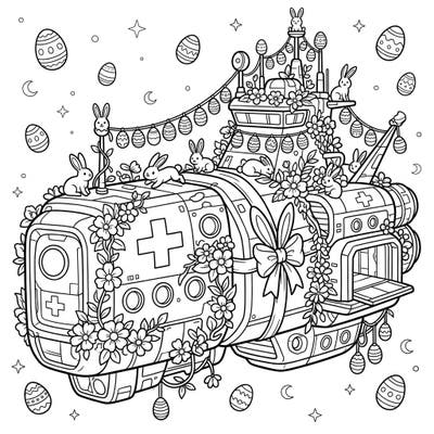 Journey to the stars this Easter with a truly unique coloring page featuring a high-tech medical frigate. This futuristic vessel is joyfully transformed with festive bunnies, vibrant blossoms, and decorative Easter eggs, ready for your creative touch.