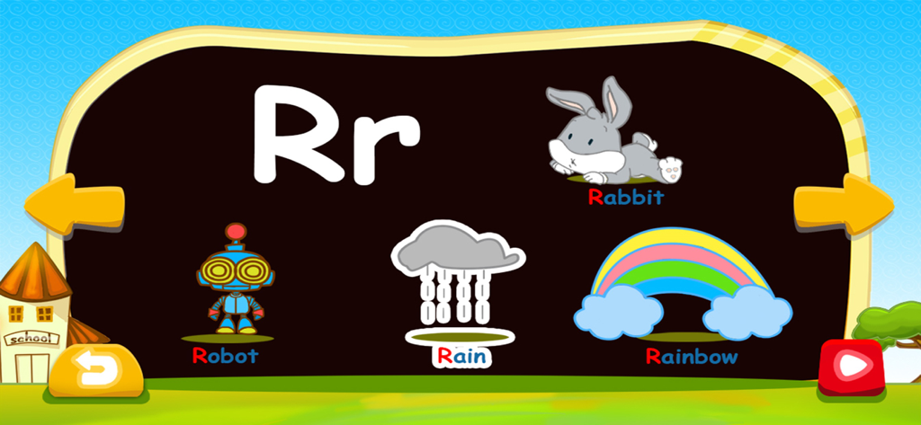 Phonics foundation - ABC Sound - Educational screen showing the letter R with illustrations of a rabbit, robot, rain and rainbow