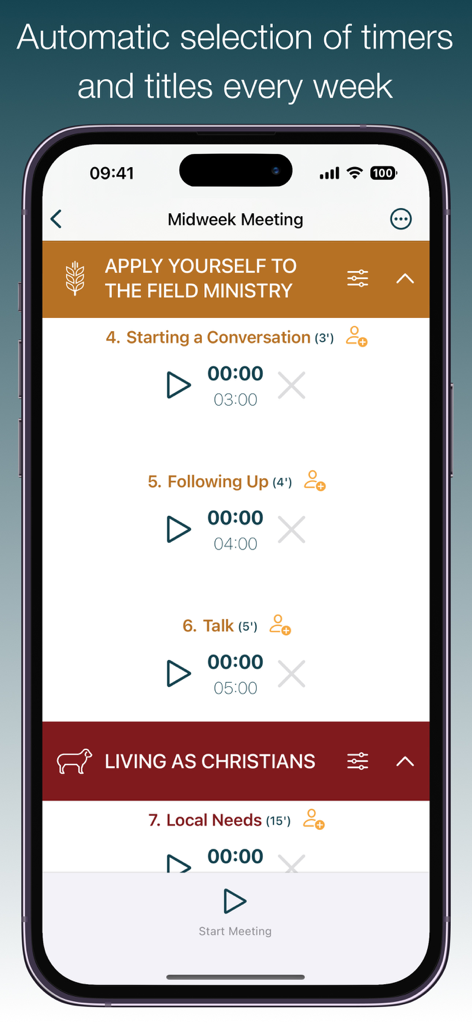 Aplicativo Meeting Timer mostrando uma agenda de reunião de meio de semana com temporizadores automáticos para partes como Iniciando uma Conversa e Acompanhamento