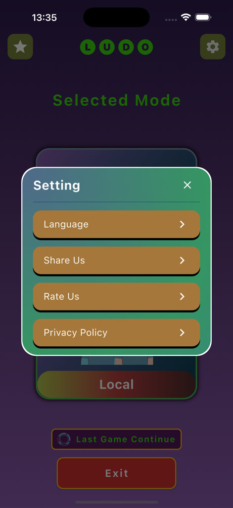 Ludo Offline Board Game - Menú de configuración superpuesto en la aplicación Ludo Juego de Mesa sin Conexión mostrando opciones de idioma y uso compartido.