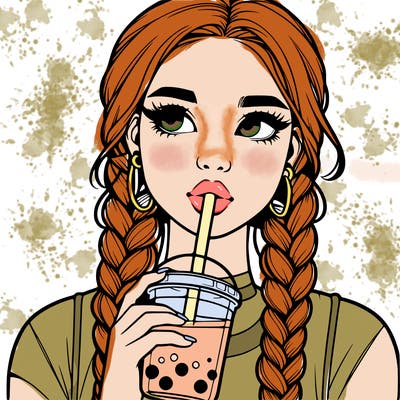 realistic girl with braided hair drinking boba