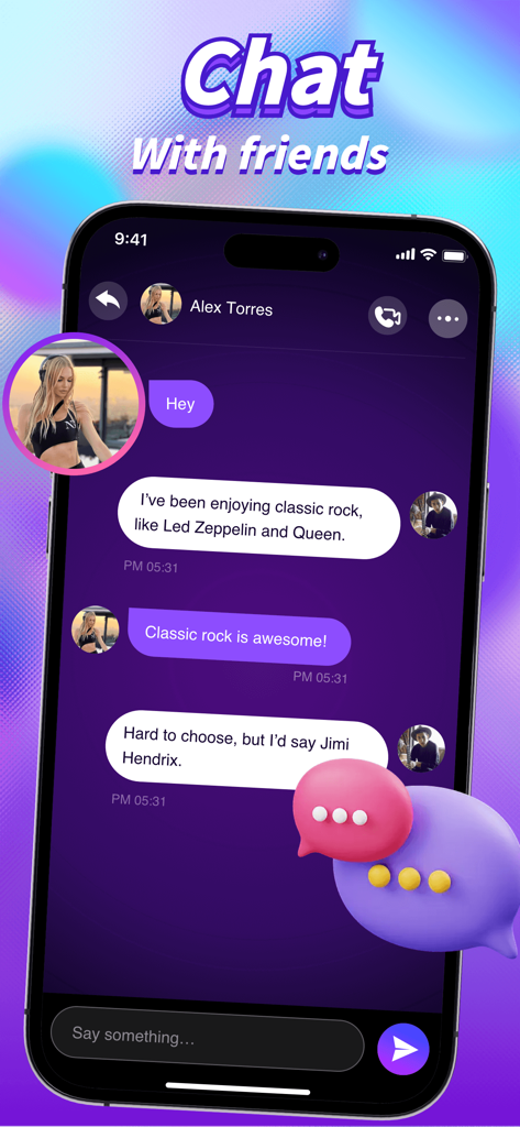 Luvia - Live Chat，Adult Share - A smartphone displaying the Luvia app chat interface with a purple theme where users are discussing classic rock music.