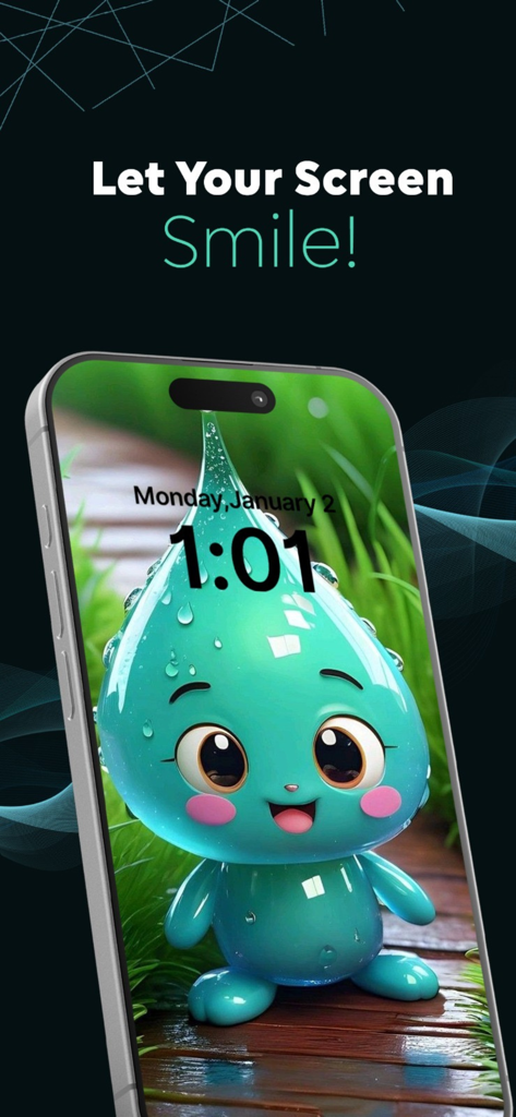 Pantalla de bloqueo de iPhone que muestra un lindo fondo de pantalla 3D de un personaje en color turquesa con el eslogan 'Let Your Screen Smile' (Deja que tu pantalla sonría).