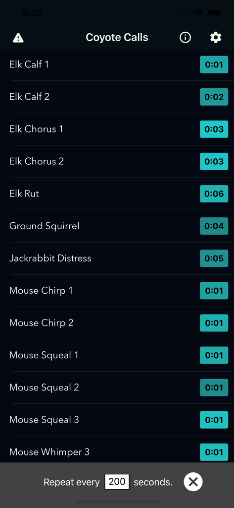 A list of predator hunting sounds in the Coyote Calls app including elk calf and jackrabbit distress with a customizable repeat timer