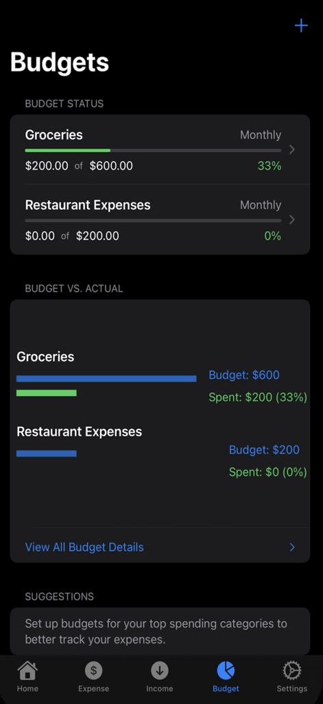 Track.Money - Track Money app budget tracking screen with monthly progress bars for expense categories