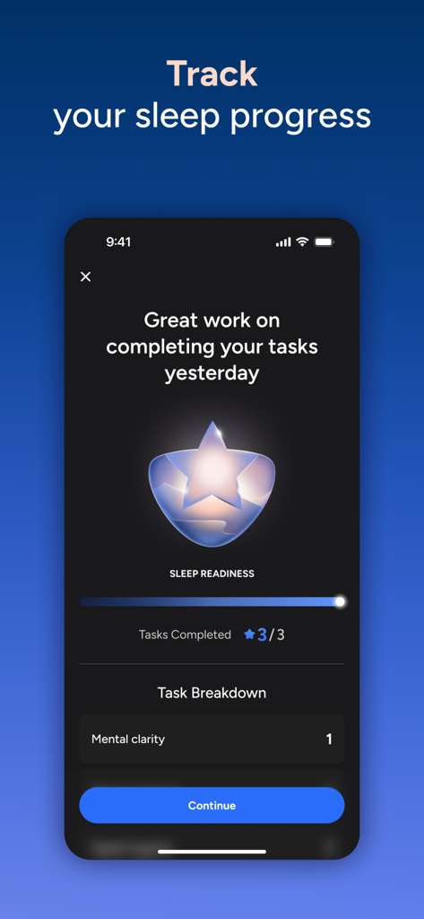 Calm Sleep - Rest & Relax - A mobile interface for Calm Sleep showing a sleep readiness score and a summary of completed bedtime tasks.