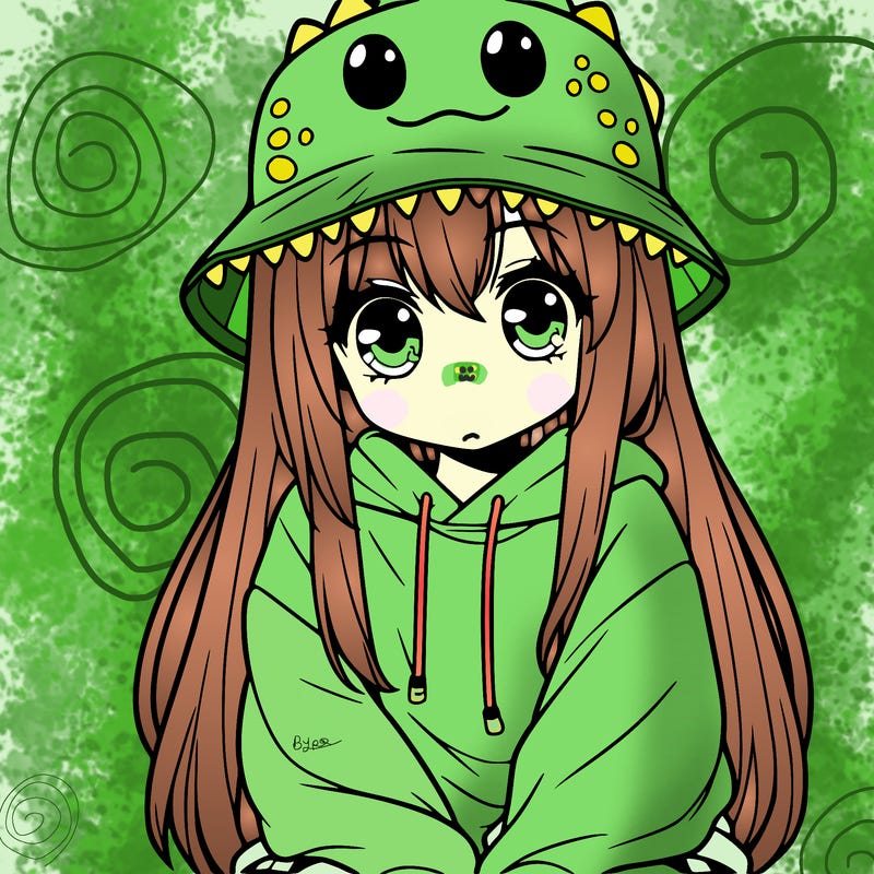 girl with anime shaped eyes with a dinosaur bucket hat oversized sweatshirt long straight hair