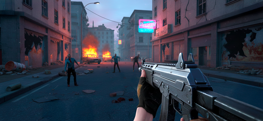 Perspective à la première personne d'un joueur avec un fusil face à des zombies dans une rue de ville post-apocalyptique.