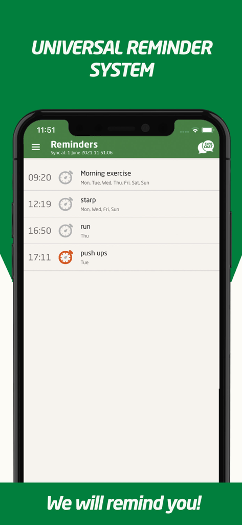 Calorie Counter - SYPB 30 - Pantalla de smartphone que muestra el sistema de recordatorios universal en la aplicación de contador de calorías SYPB 30 con ejercicios y tareas diarias programadas