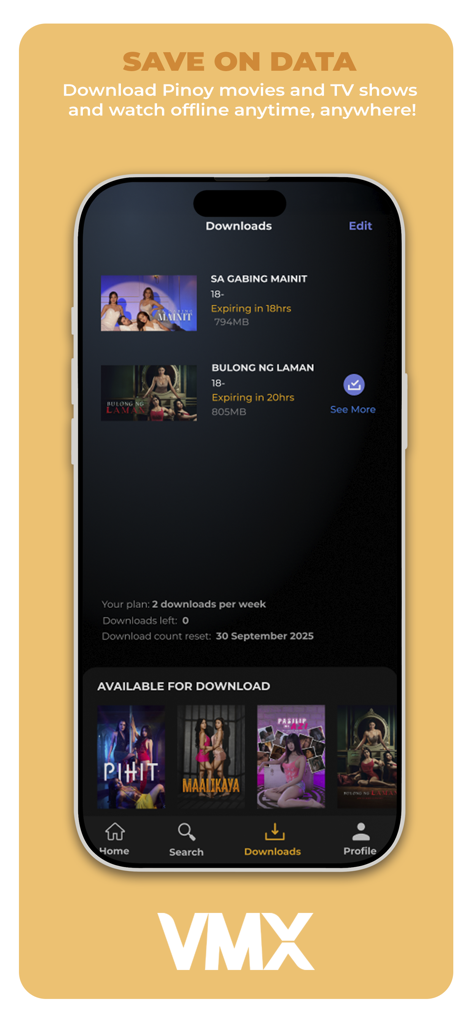 Vivamax (VMX) - La pantalla de descargas de la aplicación Vivamax que muestra películas Pinoy guardadas para ver sin conexión