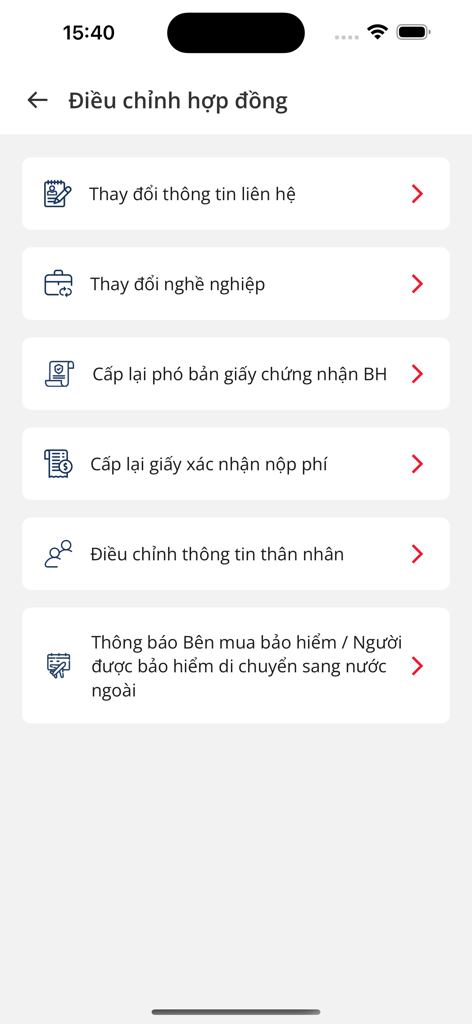 PRUonline - PRUonline app screen showing contract adjustment menu with options in Vietnamese