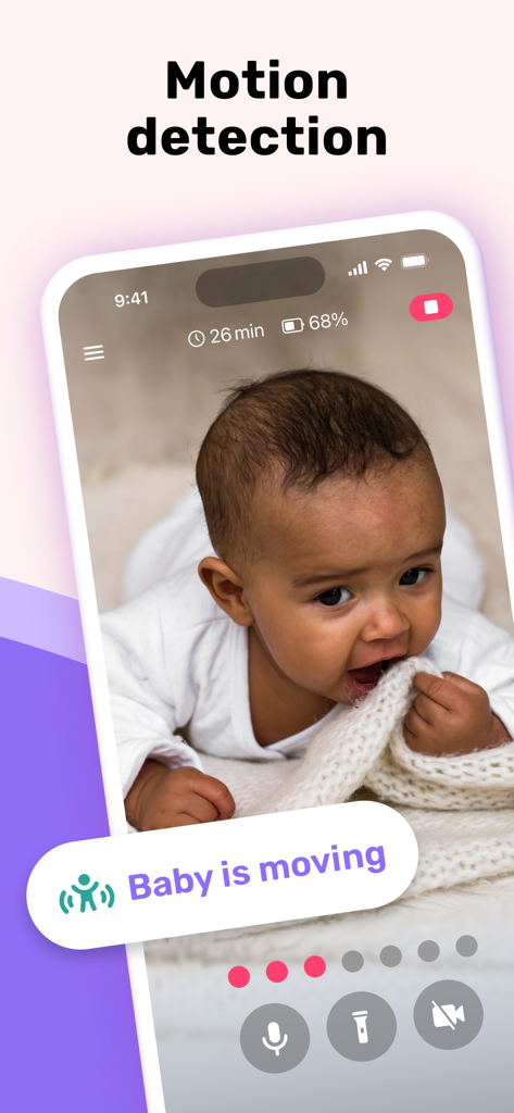 Bibino baby monitor app screen showing a motion detection alert while a baby is moving