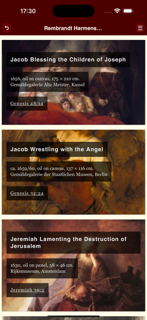ArtBible - Una galería de pinturas de Rembrandt dentro de la aplicación ArtBible mostrando escenas bíblicas y referencias de las escrituras