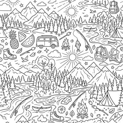 Embark on a creative journey with this delightful seamless coloring pattern, brimming with all the wonders of a summer nature escape. Discover mountains, rivers, camping gear, and refreshing fruits waiting for your personal touch.