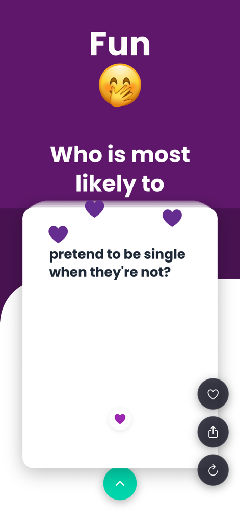 Most Likely To: Dirty Adult - Una captura de pantalla del juego Most Likely To Dirty Adult con una tarjeta de pregunta que dice Quién es el más probable que finja ser soltero cuando no lo es