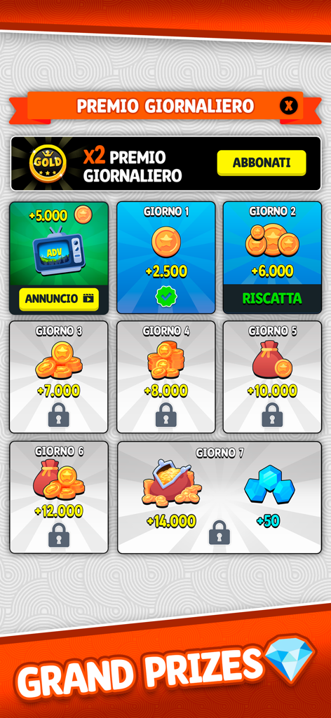Buraco Plus - Card Game - 7 日間のログイン ストリークで、コインと宝石の賞品を示す毎日の報酬インターフェイスを示すブラコ プラス モバイル アプリのスクリーン ショット