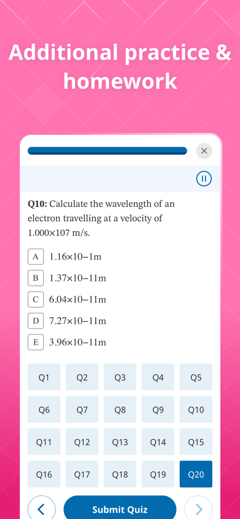 Nagwa Classes app interface showing an interactive physics quiz with multiple-choice questions for student practice and homework.